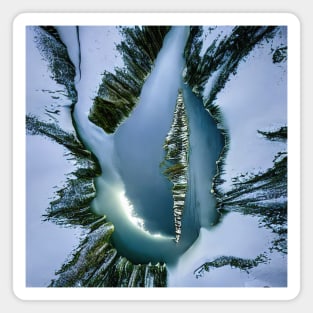 Aerial top view of frozen lake among snow winter landscape Magnet